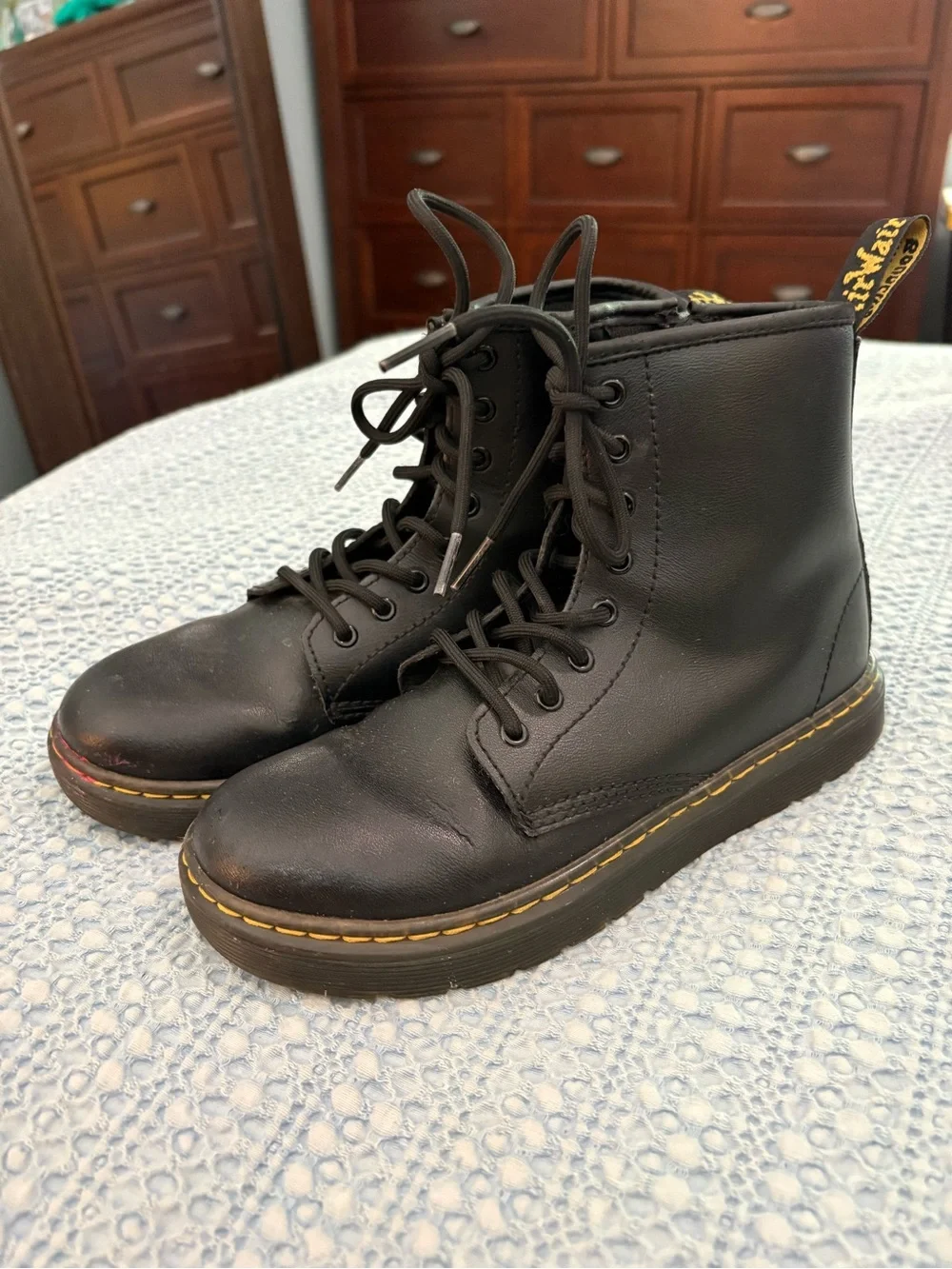 Dr. Martens Zavala J Youth Side Zip Combat Boots Black Yellow Stitching Size 4